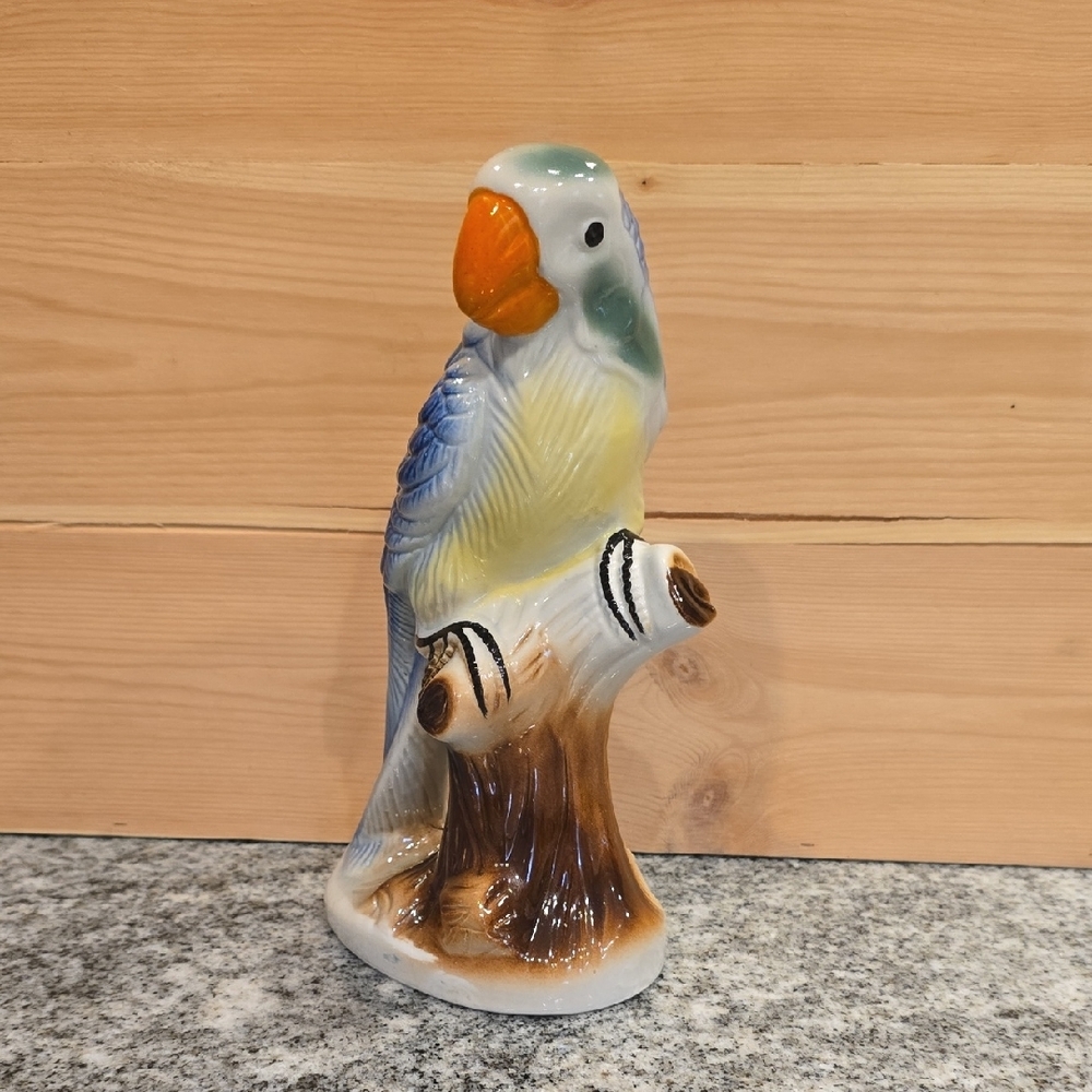 Vintage Parrot Figurine made in Brazil Blue Green Brown W/ Orange Beak EUC 9